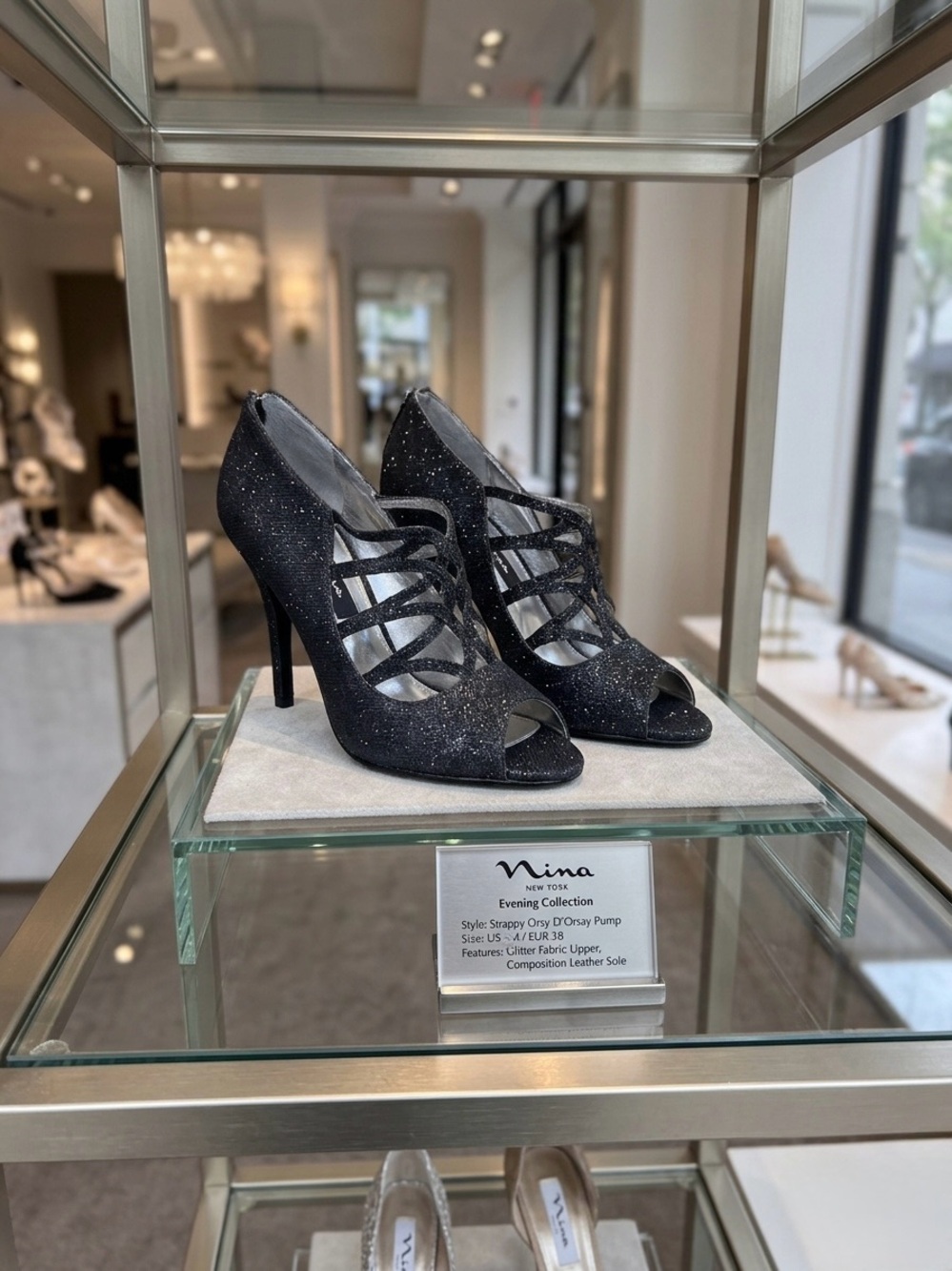 Nina Black Glitter Strappy Peep-Toe Heels